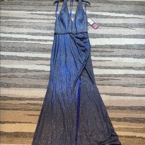 Prom Evening Sparkling Blue Backless Dress NWT